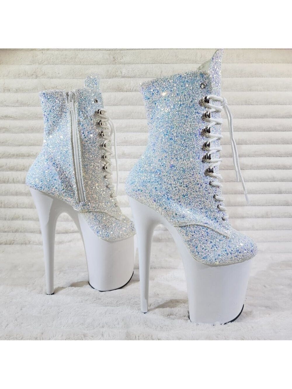 White Ice UV Glitter 8" Platform Heel Ankle Boots Flamingo - Picture 10 of 12